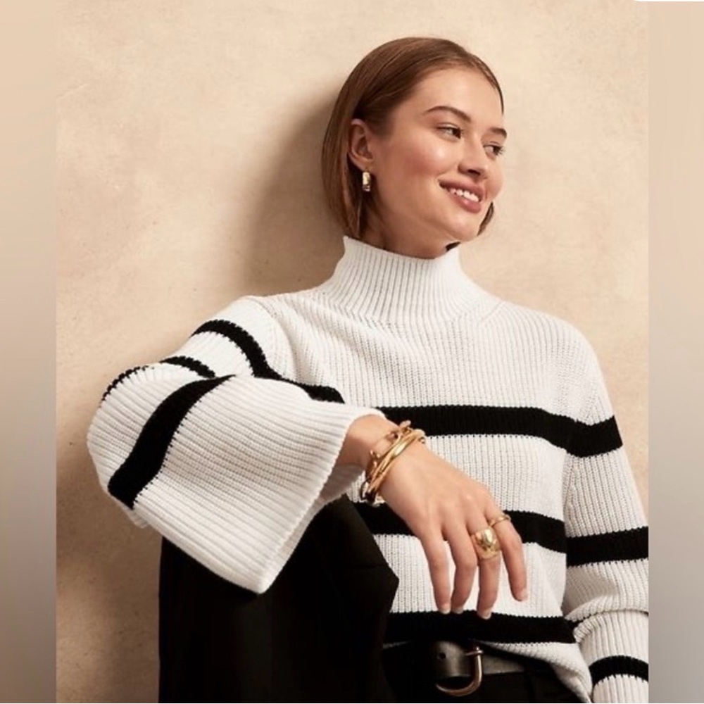 Banana Republic Black and White Striped Turtleneck Sweater